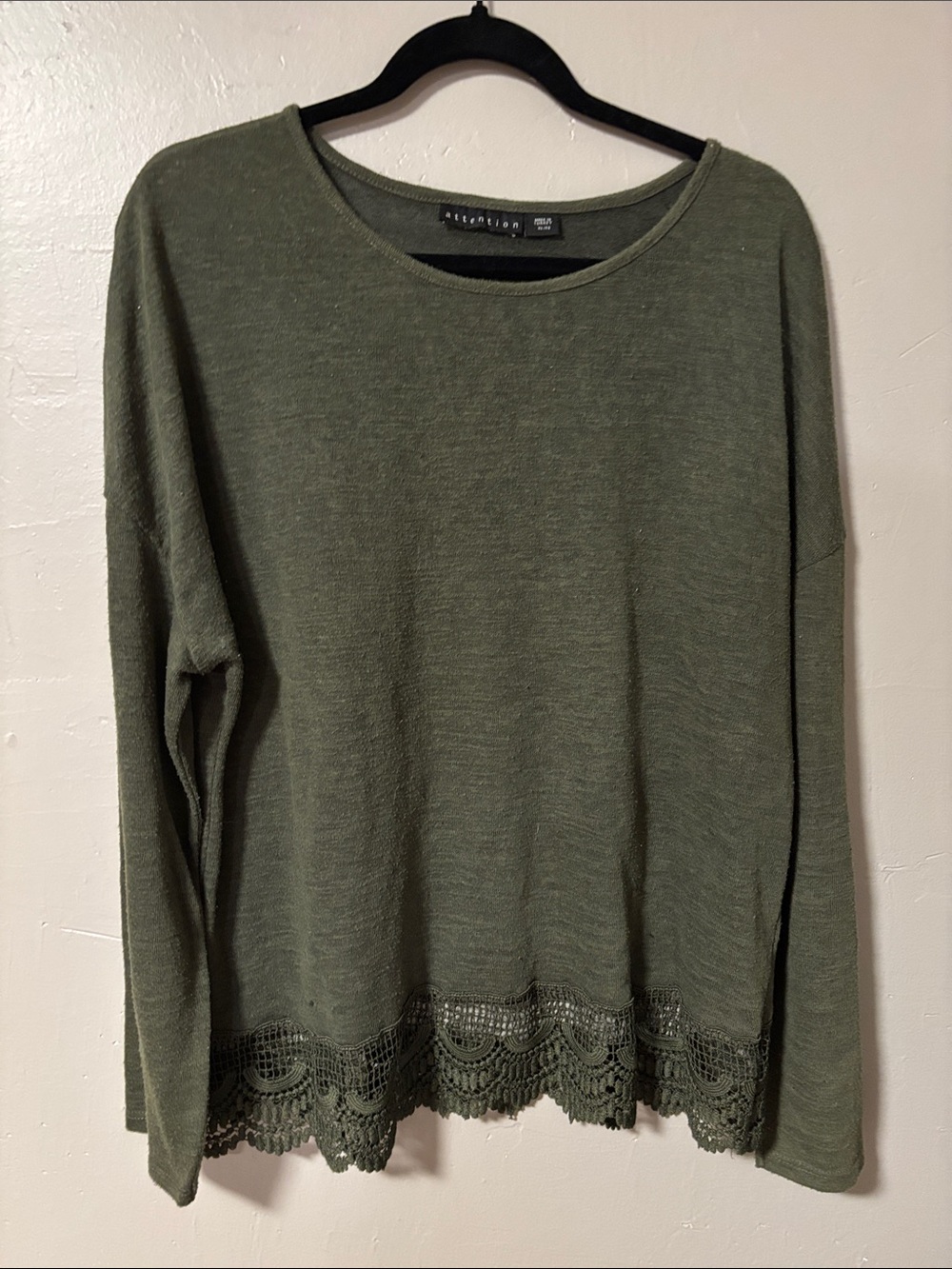 Attention Olive Green Long Sleeve Top with Lace Hem